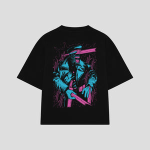 Playera streetwear premium de anime y gaming ExtraLife MX, corte boxy oversized drop shoulder heavyweight en color Deep Black y Off-White, moda urbana mexicana de culto.
