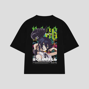 Playera streetwear premium de anime y gaming ExtraLife MX, corte boxy oversized drop shoulder heavyweight en color Deep Black y Off-White, moda urbana mexicana de culto.