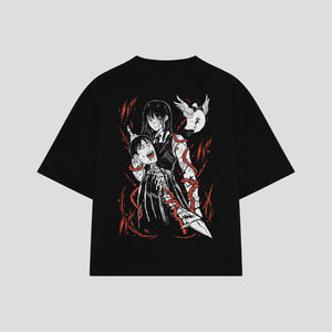 Playera streetwear premium de anime y gaming ExtraLife MX, corte boxy oversized drop shoulder heavyweight en color Deep Black y Off-White, moda urbana mexicana de culto.