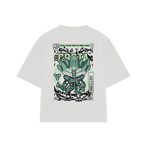 Playera streetwear premium de anime y gaming ExtraLife MX, corte boxy oversized drop shoulder heavyweight en color Deep Black y Off-White, moda urbana mexicana de culto.