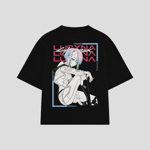 Playera streetwear premium de anime y gaming ExtraLife MX, corte boxy oversized drop shoulder heavyweight en color Deep Black y Off-White, moda urbana mexicana de culto.