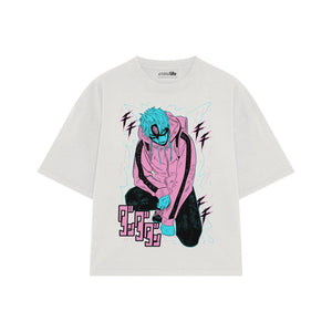 Playera streetwear premium de anime y gaming ExtraLife MX, corte boxy oversized drop shoulder heavyweight en color Deep Black y Off-White, moda urbana mexicana de culto.