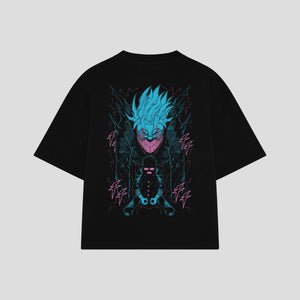 Playera streetwear premium de anime y gaming ExtraLife MX, corte boxy oversized drop shoulder heavyweight en color Deep Black y Off-White, moda urbana mexicana de culto.