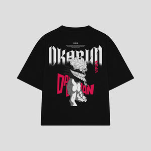 Playera streetwear premium de anime y gaming ExtraLife MX, corte boxy oversized drop shoulder heavyweight en color Deep Black y Off-White, moda urbana mexicana de culto.
