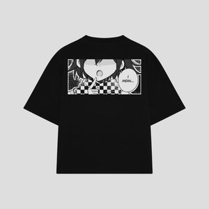 Playera streetwear premium de anime y gaming ExtraLife MX, corte boxy oversized drop shoulder heavyweight en color Deep Black y Off-White, moda urbana mexicana de culto.