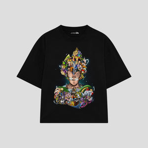 Playera streetwear premium de anime y gaming ExtraLife MX, corte boxy oversized drop shoulder heavyweight en color Deep Black y Off-White, moda urbana mexicana de culto.