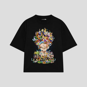 Playera streetwear premium de anime y gaming ExtraLife MX, corte boxy oversized drop shoulder heavyweight en color Deep Black y Off-White, moda urbana mexicana de culto.