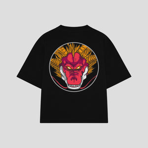 Playera streetwear premium de anime y gaming ExtraLife MX, corte boxy oversized drop shoulder heavyweight en color Deep Black y Off-White, moda urbana mexicana de culto.