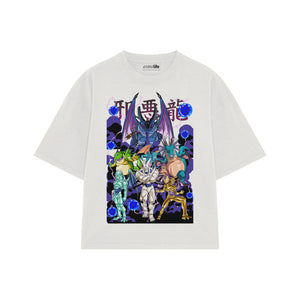 Playera streetwear premium de anime y gaming ExtraLife MX, corte boxy oversized drop shoulder heavyweight en color Deep Black y Off-White, moda urbana mexicana de culto.