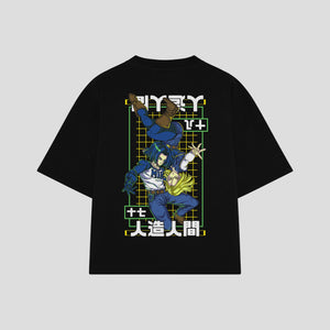 Playera streetwear premium de anime y gaming ExtraLife MX, corte boxy oversized drop shoulder heavyweight en color Deep Black y Off-White, moda urbana mexicana de culto.
