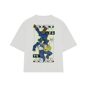 Playera streetwear premium de anime y gaming ExtraLife MX, corte boxy oversized drop shoulder heavyweight en color Deep Black y Off-White, moda urbana mexicana de culto.