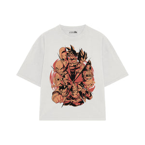 Playera streetwear premium de anime y gaming ExtraLife MX, corte boxy oversized drop shoulder heavyweight en color Deep Black y Off-White, moda urbana mexicana de culto.