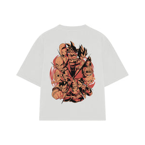Playera streetwear premium de anime y gaming ExtraLife MX, corte boxy oversized drop shoulder heavyweight en color Deep Black y Off-White, moda urbana mexicana de culto.