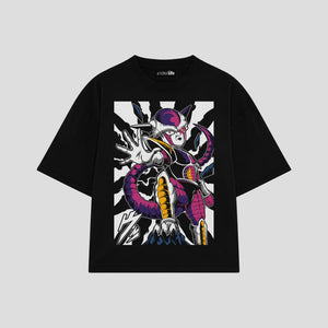 Playera streetwear premium de anime y gaming ExtraLife MX, corte boxy oversized drop shoulder heavyweight en color Deep Black y Off-White, moda urbana mexicana de culto.