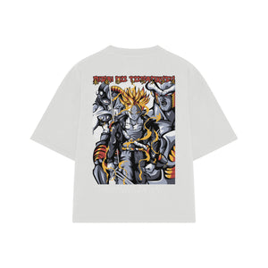 Playera streetwear premium de anime y gaming ExtraLife MX, corte boxy oversized drop shoulder heavyweight en color Deep Black y Off-White, moda urbana mexicana de culto.