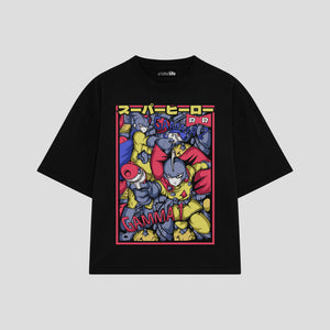 Playera streetwear premium de anime y gaming ExtraLife MX, corte boxy oversized drop shoulder heavyweight en color Deep Black y Off-White, moda urbana mexicana de culto.
