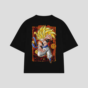 Playera streetwear premium de anime y gaming ExtraLife MX, corte boxy oversized drop shoulder heavyweight en color Deep Black y Off-White, moda urbana mexicana de culto.