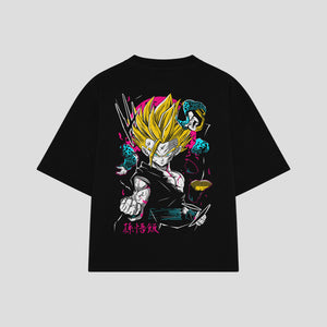 Playera streetwear premium de anime y gaming ExtraLife MX, corte boxy oversized drop shoulder heavyweight en color Deep Black y Off-White, moda urbana mexicana de culto.