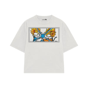 Playera streetwear premium de anime y gaming ExtraLife MX, corte boxy oversized drop shoulder heavyweight en color Deep Black y Off-White, moda urbana mexicana de culto.
