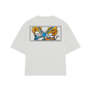 Playera streetwear premium de anime y gaming ExtraLife MX, corte boxy oversized drop shoulder heavyweight en color Deep Black y Off-White, moda urbana mexicana de culto.