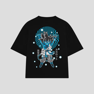 Playera streetwear premium de anime y gaming ExtraLife MX, corte boxy oversized drop shoulder heavyweight en color Deep Black y Off-White, moda urbana mexicana de culto.