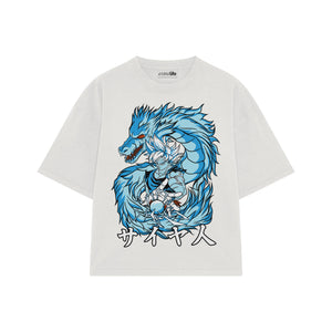 Playera streetwear premium de anime y gaming ExtraLife MX, corte boxy oversized drop shoulder heavyweight en color Deep Black y Off-White, moda urbana mexicana de culto.