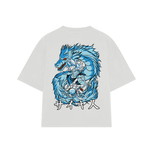 Playera streetwear premium de anime y gaming ExtraLife MX, corte boxy oversized drop shoulder heavyweight en color Deep Black y Off-White, moda urbana mexicana de culto.