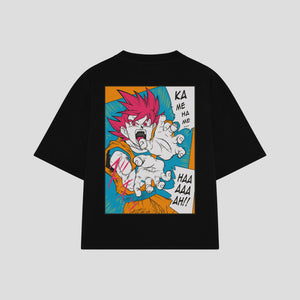 Playera streetwear premium de anime y gaming ExtraLife MX, corte boxy oversized drop shoulder heavyweight en color Deep Black y Off-White, moda urbana mexicana de culto.