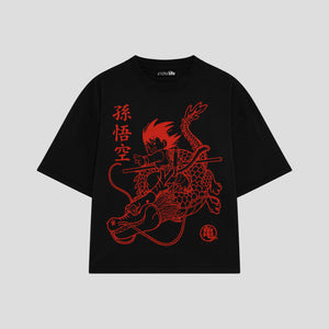 Playera streetwear premium de anime y gaming ExtraLife MX, corte boxy oversized drop shoulder heavyweight en color Deep Black y Off-White, moda urbana mexicana de culto.