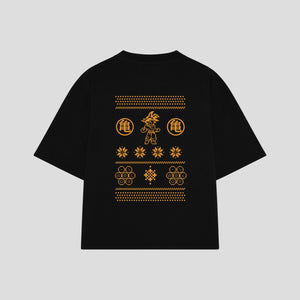 Playera streetwear premium de anime y gaming ExtraLife MX, corte boxy oversized drop shoulder heavyweight en color Deep Black y Off-White, moda urbana mexicana de culto.