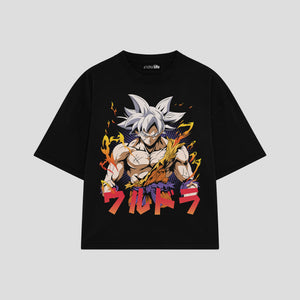 Playera streetwear premium de anime y gaming ExtraLife MX, corte boxy oversized drop shoulder heavyweight en color Deep Black y Off-White, moda urbana mexicana de culto.