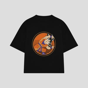 Playera streetwear premium de anime y gaming ExtraLife MX, corte boxy oversized drop shoulder heavyweight en color Deep Black y Off-White, moda urbana mexicana de culto.