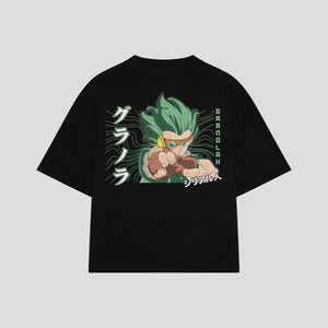 Playera streetwear premium de anime y gaming ExtraLife MX, corte boxy oversized drop shoulder heavyweight en color Deep Black y Off-White, moda urbana mexicana de culto.