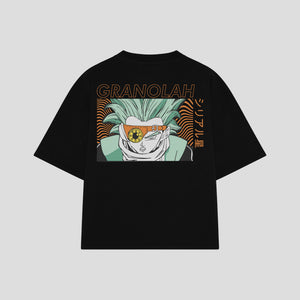 Playera streetwear premium de anime y gaming ExtraLife MX, corte boxy oversized drop shoulder heavyweight en color Deep Black y Off-White, moda urbana mexicana de culto.