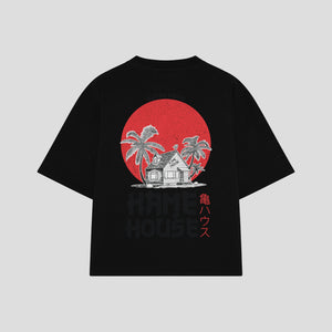 Playera streetwear premium de anime y gaming ExtraLife MX, corte boxy oversized drop shoulder heavyweight en color Deep Black y Off-White, moda urbana mexicana de culto.