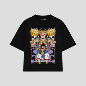 Playera streetwear premium de anime y gaming ExtraLife MX, corte boxy oversized drop shoulder heavyweight en color Deep Black y Off-White, moda urbana mexicana de culto.