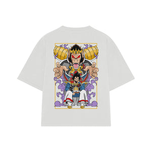 Playera streetwear premium de anime y gaming ExtraLife MX, corte boxy oversized drop shoulder heavyweight en color Deep Black y Off-White, moda urbana mexicana de culto.