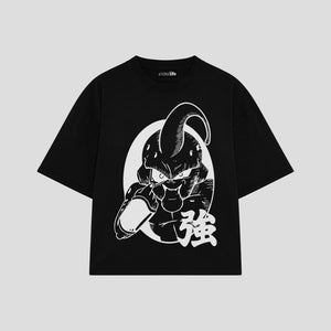 Playera streetwear premium de anime y gaming ExtraLife MX, corte boxy oversized drop shoulder heavyweight en color Deep Black y Off-White, moda urbana mexicana de culto.