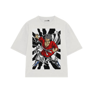 Playera streetwear premium de anime y gaming ExtraLife MX, corte boxy oversized drop shoulder heavyweight en color Deep Black y Off-White, moda urbana mexicana de culto.