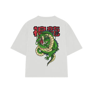 Playera streetwear premium de anime y gaming ExtraLife MX, corte boxy oversized drop shoulder heavyweight en color Deep Black y Off-White, moda urbana mexicana de culto.