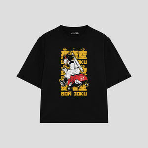 Playera streetwear premium de anime y gaming ExtraLife MX, corte boxy oversized drop shoulder heavyweight en color Deep Black y Off-White, moda urbana mexicana de culto.