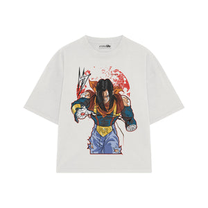 Playera streetwear premium de anime y gaming ExtraLife MX, corte boxy oversized drop shoulder heavyweight en color Deep Black y Off-White, moda urbana mexicana de culto.