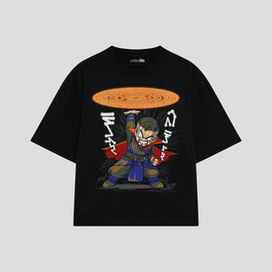 Playera streetwear premium de anime y gaming ExtraLife MX, corte boxy oversized drop shoulder heavyweight en color Deep Black y Off-White, moda urbana mexicana de culto.