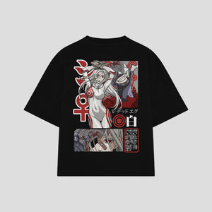 Playera streetwear premium de anime y gaming ExtraLife MX, corte boxy oversized drop shoulder heavyweight en color Deep Black y Off-White, moda urbana mexicana de culto.