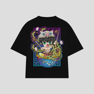 Playera streetwear premium de anime y gaming ExtraLife MX, corte boxy oversized drop shoulder heavyweight en color Deep Black y Off-White, moda urbana mexicana de culto.