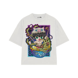 Playera streetwear premium de anime y gaming ExtraLife MX, corte boxy oversized drop shoulder heavyweight en color Deep Black y Off-White, moda urbana mexicana de culto.
