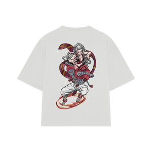 Playera streetwear premium de anime y gaming ExtraLife MX, corte boxy oversized drop shoulder heavyweight en color Deep Black y Off-White, moda urbana mexicana de culto.