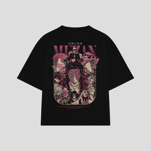 Playera streetwear premium de anime y gaming ExtraLife MX, corte boxy oversized drop shoulder heavyweight en color Deep Black y Off-White, moda urbana mexicana de culto.