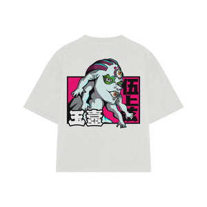 Playera streetwear premium de anime y gaming ExtraLife MX, corte boxy oversized drop shoulder heavyweight en color Deep Black y Off-White, moda urbana mexicana de culto.