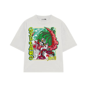 Playera streetwear premium de anime y gaming ExtraLife MX, corte boxy oversized drop shoulder heavyweight en color Deep Black y Off-White, moda urbana mexicana de culto.